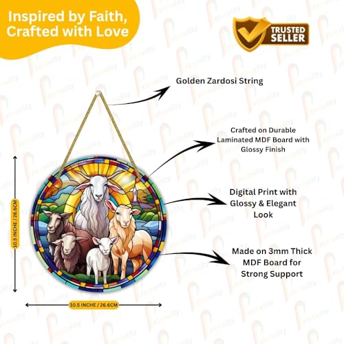 Image of Printality Stained Glass Style Christian Wall Hanging | Round MDF Plaque with Glossy Finish & Golden Zardosi String | Religious Wall Art | Jesus, Mary & Angels Design | Faith Home Decor (Design 1)