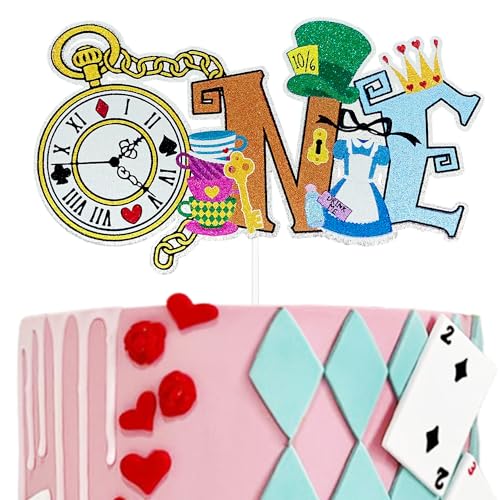 Image of Alice One Cake Topper, Alice In Wonderland 1st Birthday Cake Topper, Onederland Cake Smash Decoration, Fairytale Wonderland Baby Shower, Mad Tea Party Supplies for Girls