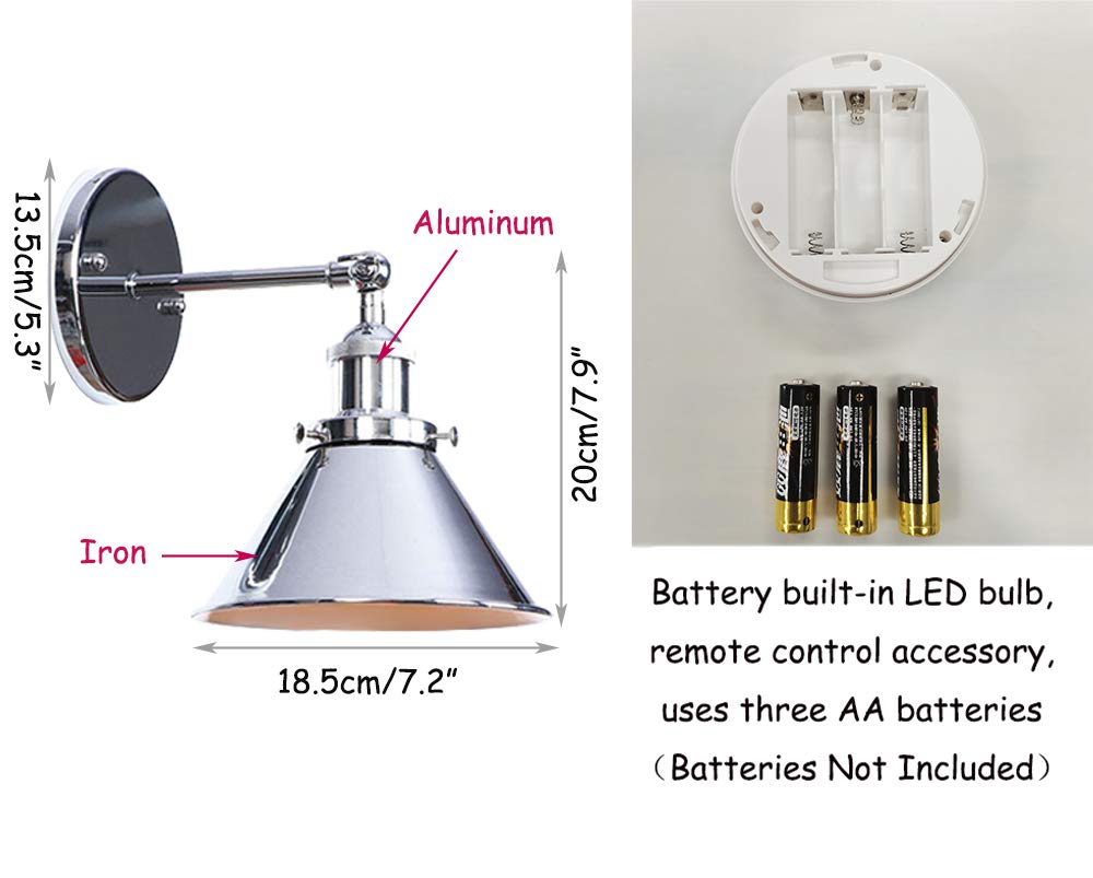KAYYELAMP 1-Light 100 Lumens Multi-Function LED Battery Run Remote Control No Cord Plating Polishing Silver Lamp Wall Mount Light Fixture for Indoor -Easy to Install,Dimmable,Battery Not Included