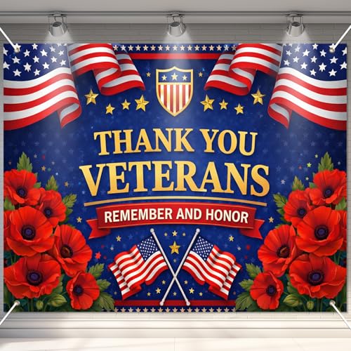 Image of BlissYard Thank You Veterans Backdrop Veterans Day Military Appreciation Banner Patriotic Tribute Decorations 8x6ft Remember and Honor Decor 4th of July Independence Day Patriotic Celebration