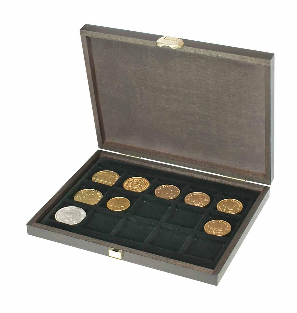 Lindner Carus XM S2489-15 kasetka z prawdziwego drewna z 15 kwadratowymi przegródkami na monety/kapsułki na monety o średnicy zewnętrznej 40 mm