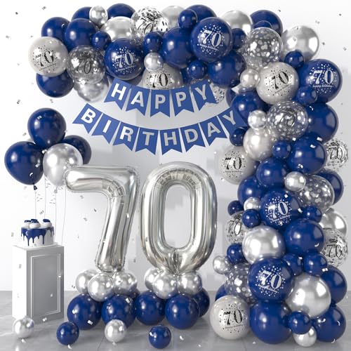 70th Birthday Decorations Navy Blue Silver,70th Birthday Balloon Garland Party Decorations with Number 70 Foil balloons,Happy Birthday Banner for Men Women 70th Birthday Party Decorations
