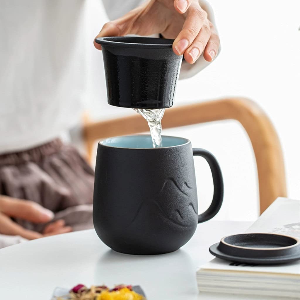 Tasse à thé en céramique avec Couvercle et Filtre, Teeware avec Filtre, Tasse De Thé en Feuille De Thé, 15 OZ / 450 ML pour Thé/Café/Lait/Femme/Bureau/À La Maison/Cadeau, Noir