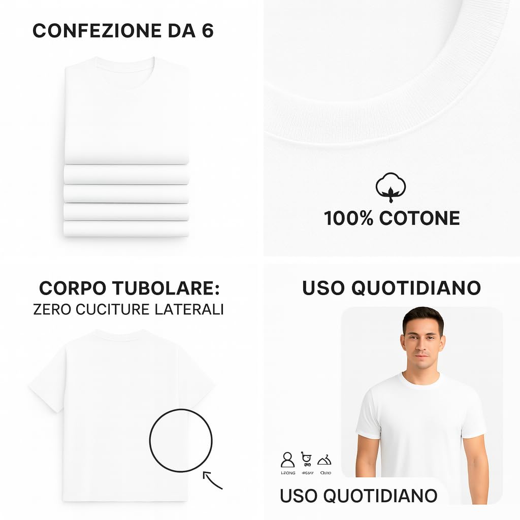 Leedya Pack de 6/3 camisetas de hombre blancas – Gris claro – Gris claro – Gris, Negro Juego de camisetas de manga corta 100% algodón – Cuello redondo clásico sin costuras laterales, no se deforma