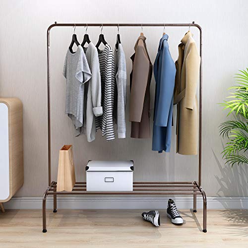 HOJINLINERO Metall-Kleiderstange für Schlafzimmer/Kleiderständer, robuste Kleiderstangen für Kleider, schwarzer Hakenständer mit oberer Stange, unterer Aufbewahrung und 2 Stoffhaken/Schuhregal, Braun Cover