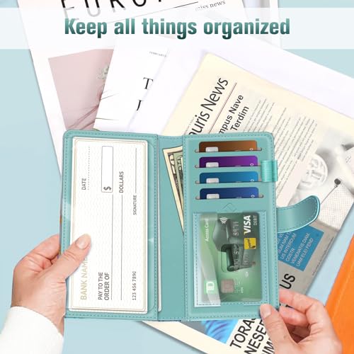 Image of FINTIE Checkbook Cover for Personal Checkbook, RFID Blocking Big Capacity Standard Register Duplicate Checks with Pen Holder, Cards Slots (Emerald Marble)