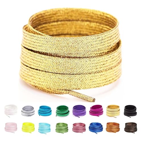 Booyckiy Flat Colorful Shiny Glitter Shoelaces, 2/5' Rainbow Shoe Laces for Sneakers Gold 47inch (120cm)