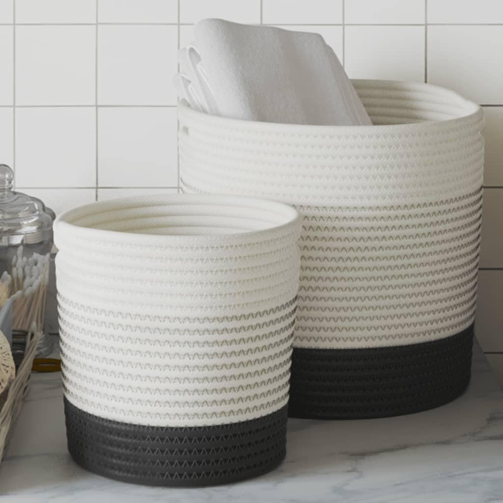 2 cestas de almacenamiento blancas y negras de algodón trenzado con asas, cestas decorativas plegables para frutas, juguetes y objetos varios, 28 x 28 cm y 20 x 20 cm