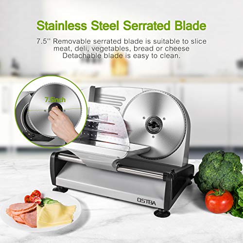 Meat Slicer 200W Electric Deli Food Slicer with Child Lock Protection, Removable 7.5’’ Stainless Steel Blade and Food Carriage, Adjustable Thickness Food Slicer Machine for Meat, Cheese, Bread