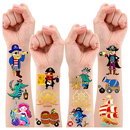 Leesgel Paillettes Métalliques Pirate Tatouages Temporaires pour Enfants Garçons Filles, Pirate Fête D'anniversaire Fournitures Faveurs Décorations Sac De Fête Remplisseur Cadeaux Jouets (31 Styles) Cover