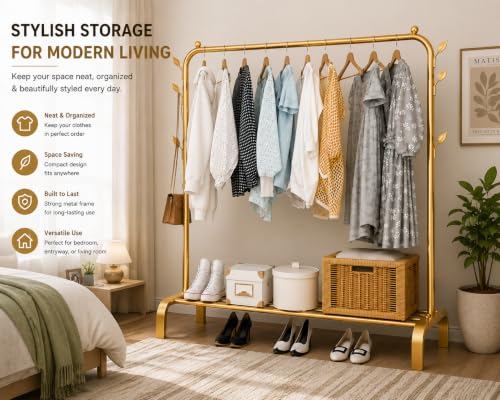 Image of Metal Multifunctional Heavy-Duty Quality Garment Stand Cloth Rack Freestanding Storage Organizer with Bottom Shelves Adjustable Folding Single Pole for Living Room (Gold)