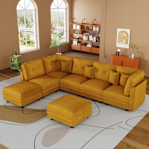 Image of LLappuil Modular Sectional Sofa with Storage, U-Shaped 7-Seat Corduroy Couch with 7 Throw Pillows, Pet-Friendly Convertible Sofa for Living Room & Apartment, Skin-Friendly, Yellow
