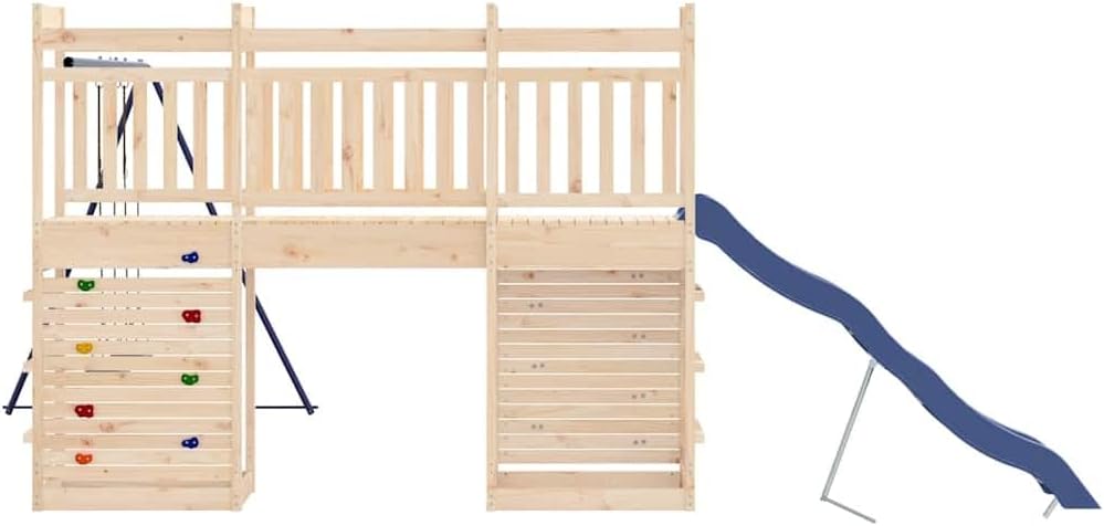 Outdoor Playset Natural Pine Wood with Wavy Slide, Two Saddle Swings, and Climbing Wall for Backyard Fun and Physical Activity