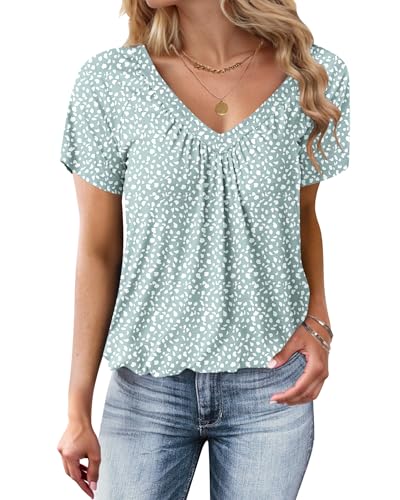 WNEEDU Tshirt Damen Sommer - Basic T-Shirt mit V-Ausschnitt Plissiertes Frontmieder Kurzarm Oberteile Casual Lockere Bluse Grünes Muster XL
