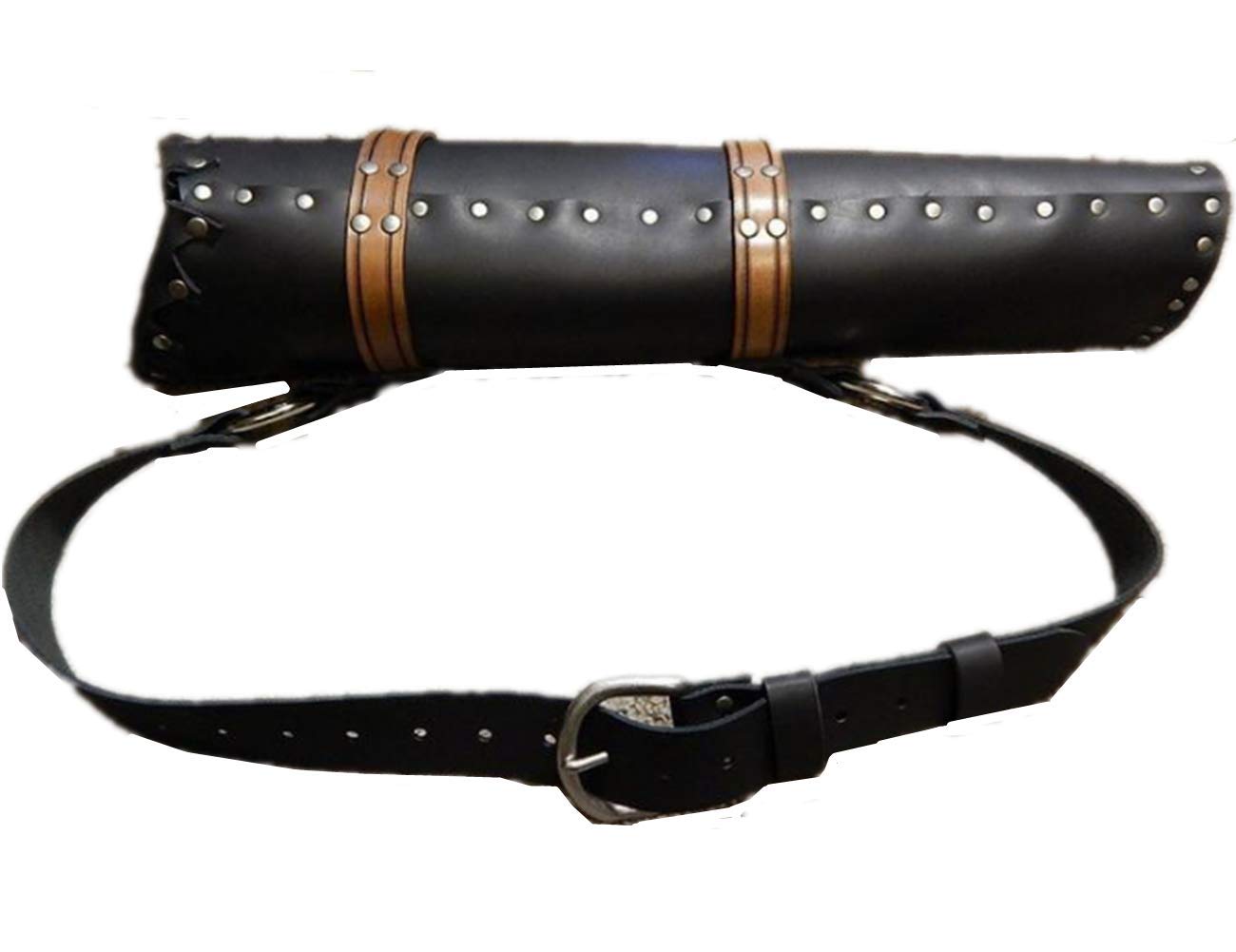 Medieval Retro Back Quiver Bow Leather Arrow Holder with Large Pouch Handmade Straps Belt Bag (Black, ONE Size)