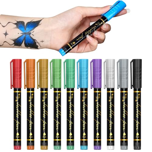 PORUPAEL 10 Colours Temporary Tattoo Pen Temporary Tattoo Markers for Skin Tattoo Pen Kit Body Markers for Kids and Adults Art Marker Pens for Kids and Adults Party Festival Dress Up