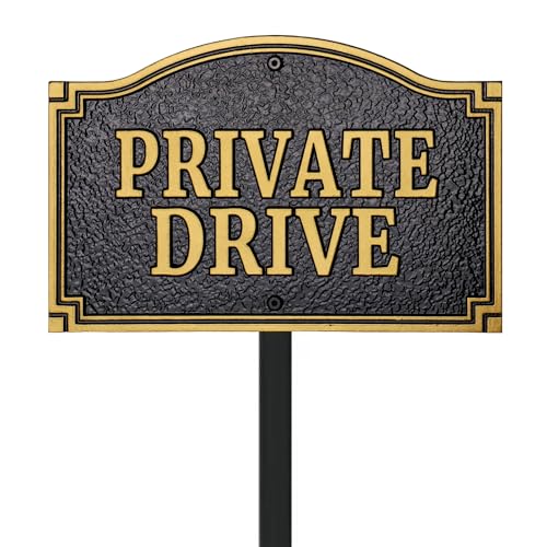 Morgtta Private Drive Statement Plaque Solid Metal Cast Private Road/Driveway Sign Heavy-duty Material Golden Embossed Letters 11.57.5 with 31.5 Stakes