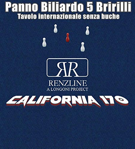 Panno biliardo 5 birilli tavolo internazionale, senza buche, Renzline California blu taglio cm.305x170 copertura piano per biliardo con campo gioco fino a cm.284x142, ardesia cm.302x160. Ste di 5 birilli omologati Fibis in omaggio.
