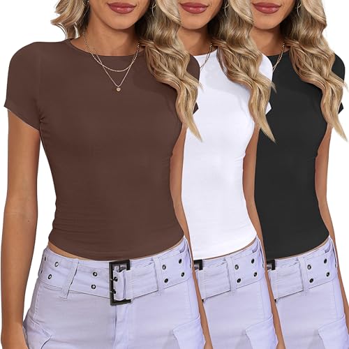 Riyiper 3 Pcs Women's Short Sleeve Crop Tops, Boat Neck Slim Fitted Cropped Shirts Workout Basic Tops2