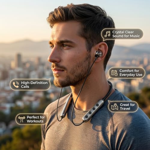 Image of Bluetooth Neckband Earphones with 105H Playtime, Wireless Bluetooth Headphones with ENC Noise Reduction, Magnetic Earbuds, Built-in Equalizer Mode, HD Calling Mic, Neckband Earphones - Grey