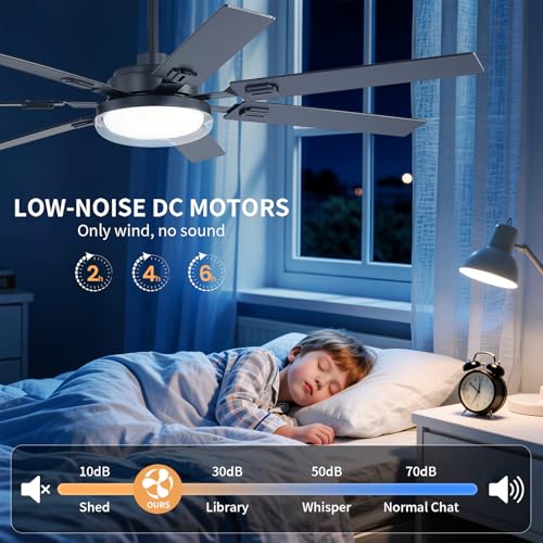 Image of 64 Inch Ceiling Fans with Lights and Remote,Living Room Office Library Cafe Outdoor, 5CCT Dimmable, Dual Color 7 Blades, 6 Speed Reversible Quiet DC Motor, Dual-Layer Shade, Black /Wood Grain