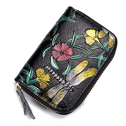 Womens Walllet RFID Blocking Leather Credit Card Wallet Flower Retro Coin Purse Zipper Pockets Card Case Holder