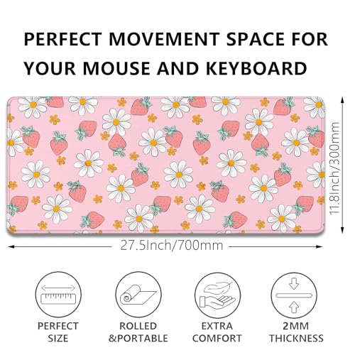 Image of Strawberry Mouse Pad Desk Mat,Pink Large Large Gaming Mouse Mat with Stitched Edges,Non-Slip Waterproof Rubber Base Mouse Mat for Office Computer Keyboard Laptop Home(27.5X11.8 in)