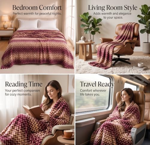 Image of SANMARINO Premium 300 GSM Double Bed Flannel Blanket | Ultra Soft Zig Zag Plush Blanket | All Season Lightweight & Cozy | AC Blanket for Bed, Sofa, Couch, Travel & Camping | 220x230 cm,Burgundy
