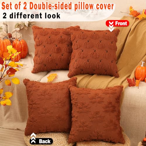 Pumpkin Fall Decorative Throw Pillow Covers 20"x20", Set of 2 Rust Red Soft Faux Fur Pillow Covers for Autumn Harvest, Fluffy Plush Accent Pillow Cases for Farmhouse Couch Cushion Covers