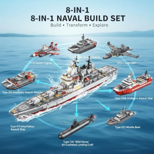 Image of SKY LINE OCEAN 8-in-1 Ship Building Block Set, 526+ PCS Transforming Boat & Marine Vessel Models Kit, STEM Educational Toy for Kids & Teens, Creative Rebuild Play Set, 5-Year Structural Warranty