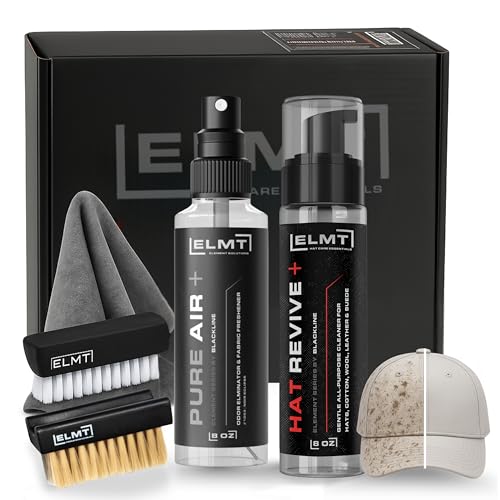 Blackline ELMT Hat Cleaning Kit — Quick-drying, US-Made, Cleans 50+ Hats — Hat Cleaner for Baseball Caps of all Materials Cotton, Wool, Leather, Felt and more (8oz Solution, Deodorizer, Towel & Brush)