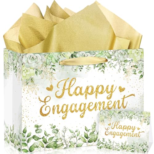 Sage Green Engagement Gift Bags with Tissue & Card