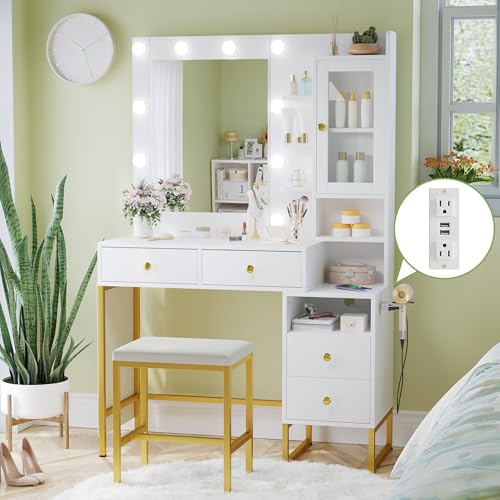 YIKEHOME Women Vanity Desk with Mirror and Lights, Vanity with 3-Colour Hollywood Brighter Bulbs, Makeup Table with Drawers & Cabinet for Bedroom, White