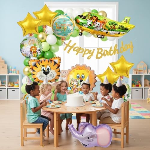 Image of Rozi Decoration Jungle Theme Birthday Decoration Kit with Balloon, Happy Birthday Cardstock Paper Banner, Cake Topper Set and Green White Gold Latex Balloons - 76 Pieces Party Decoration Set