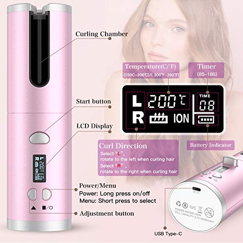 Cordless Auto Hair Curler, Automatic Curling Iron with 6 Temperatures & Timer Settings & Auto Shut-Off Portable Rechargeable Anti-Tangle Hair Curling Iron Wand for Hair Styling Anytime Anywhere (pink)