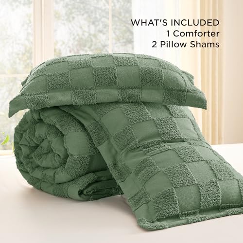 Image of Bedsure King Size Comforter Set Green, Boho Tufted Bed Set, Checkered Farmhouse-Style Distressed Vintage Bedding, 3 Pieces, 1 Plaid Geometric Comforter and 2 Pillow Shams
