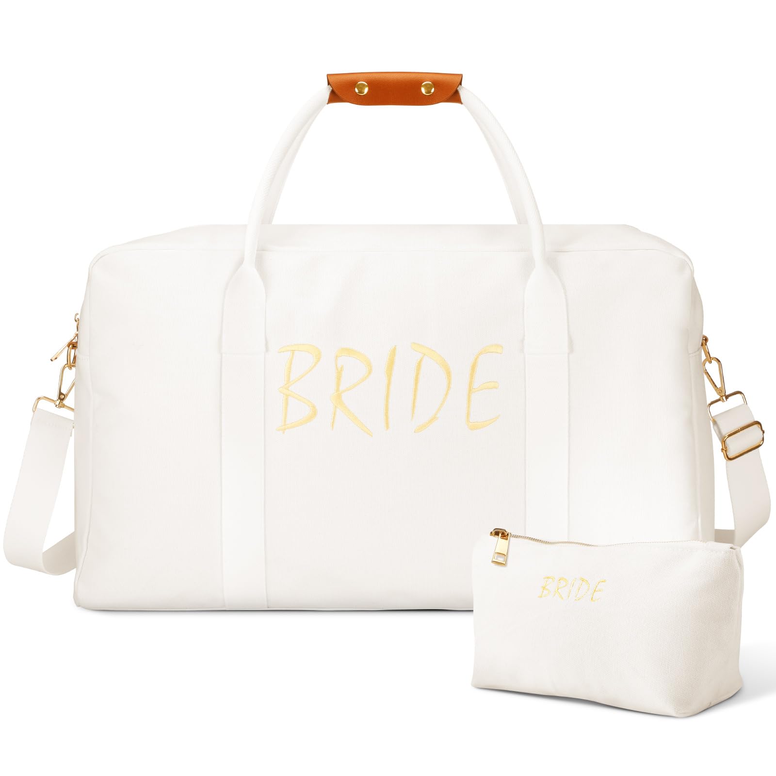 Cosblank 2 Pcs Wedding Weekender Bag for Women Bridal Shower Gifts Bride Travel with Shoe Compartment Shoulder Bride Bag with Chenille Letter Patch