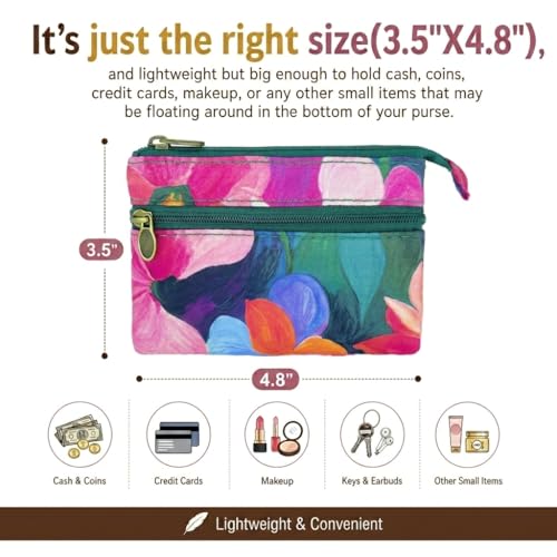 Image of Women Small Zipper Coin Purse, Handmade Fabric Flower Embroidered Change Pouch, Cotton Double Zipper Wallet