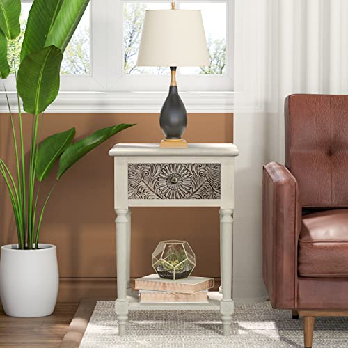 Image of SUNBURY Vintage Nightstand Set of 2, Wood Small Bedside Table with Drawer and Open Shelf, Shabby Accent End Side Table for Living Room, Bedroom