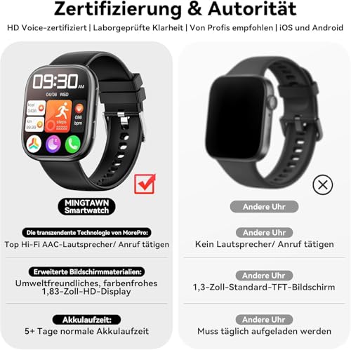 Mingtawn Montre Connectée Femme Homme, 1.83'' HD Smartwatch avec Appel Bluetooth, Montre Connectée pour 100 Modes Sport, Fréquence Cardiaque, Sommeil, SpO2, Etanche Podometre pour iOS Android(Rose) – Image 4