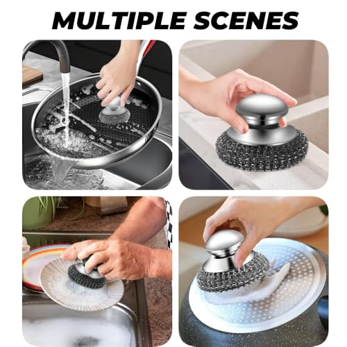 Image of 2PCS Steel Wool Scrubber with Handle, Stainless Steel Wool Scrubber with 2 Replacement Pads, Cleaning Brush for Cleaning Dishes, Metal Pans, Grill, Stoves