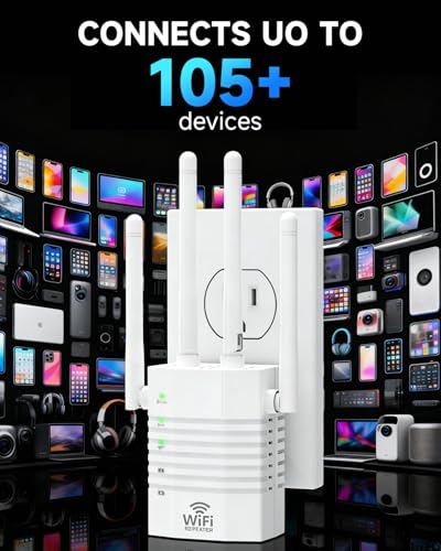 Image of WiFi Extender 1.2Gbps Dual Band 5GHz /2.4GHz, 12,880 Sq.ft Coverage, 4 Antennas 360 Coverage, 1 Ethernet Port, Supports 105 Devices & Easy Setup