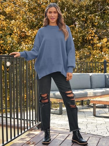 Image of LILLUSORY Women's Oversized Batwing Sweaters 2026 Fall Outfits Trendy Crewneck Knit Side Slit Fashion Pullover Tops