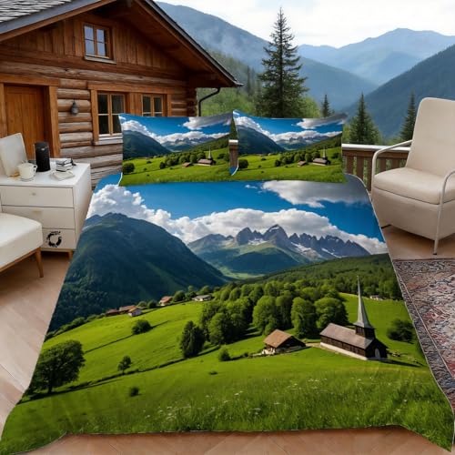 Housse de Couette 240 x 260 Les Montagnes, 2 Personnes, Parure de Lit Style Montagne Microfibre avec 2 x Taie d'oreiller 65x65 cm avec Fermeture éclair