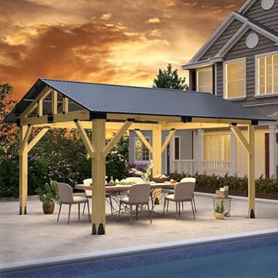 Raysfung 11' x 13' Wood Gazebo, Outdoor Hardtop Gazebo with Galvanized Steel Roof, Cedar Wooden Frame Gazebo for Garden, Patio, Deck