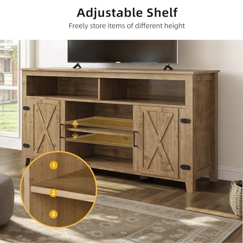 DWVO TV Stands for 65 Inch TV, Farmhouse Entertainment Center with Adjustable Shelf and Barn Door, Media Console Table TV Cabinet for Living Room, 59 Inches, Barnwood