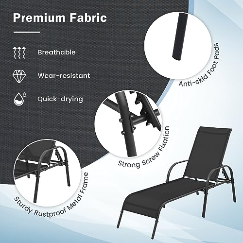 Image of Giantex 2 Pack Patio Lounge Chair, Outdoor Chaise Lounge with 5 Adjustable Backrest, Sturdy Steel Frame, Sunbathing Recliner, Beach Chair, Tanning Chair for Outside, Yard, Balcony, Pool Chairs, Black