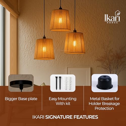 Image of Ikari Homes Rattan Chandelier 3 in1 Pendant Light, Natural Beige, Boho Style, E27 Base, Chandelier for Living Room I Dining I Bedroom I Balcony I Adjustable Wire - (Bulbs not Included) (Taper Raffia)