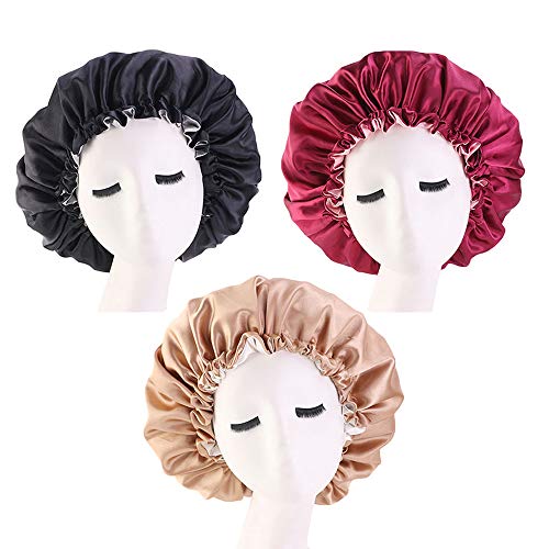 LERTREE 3PCS Elastic Women Stain Night Sleep Cap Hair Bonnet Hat Shower Caps (A)