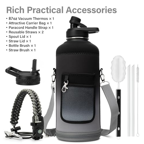 Insulated Water Bottle | Thickened Stainless Steel for Gym and Hiking with Straw, Carrier Bag, Handle Strap | BPA-Free 87 oz